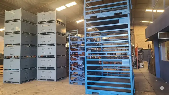 Contenedores metálicos retornables azules para autopartes en la planta de Racks CCR